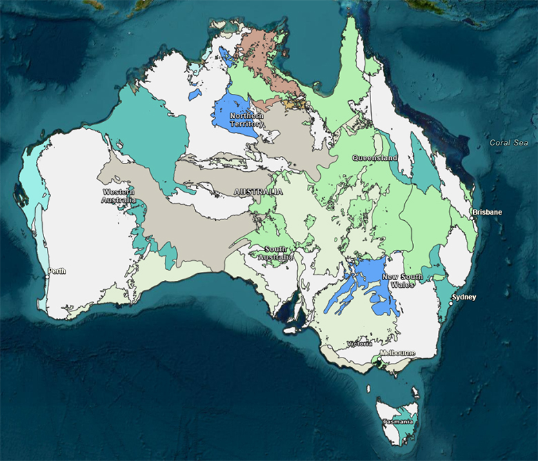 Map of Australia with different colourings showcasing groundwater inventory. 