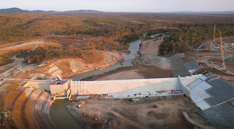 Aerial view of Rookwood Weir which has been given a traditional language name of Managibei Gamu, meaning ‘keeping water’. Image credit: Sunwater.