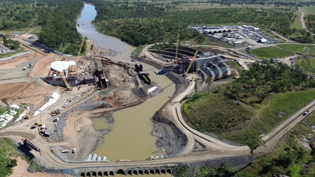 Aerial view of construction with cranes working in the Weir.