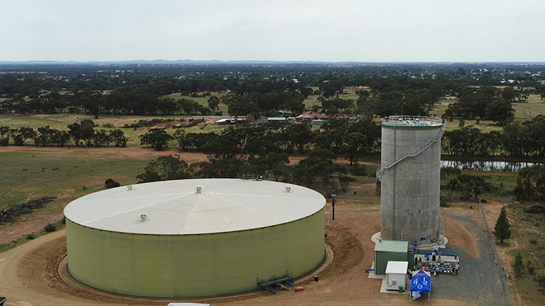 Reservoir, pump station, town of West Wyalong in background.