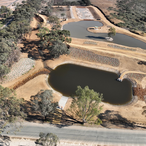 Aerial view Hart Lagoon Wetland, sediment basin in foreground, lagoon and storage pond in background.