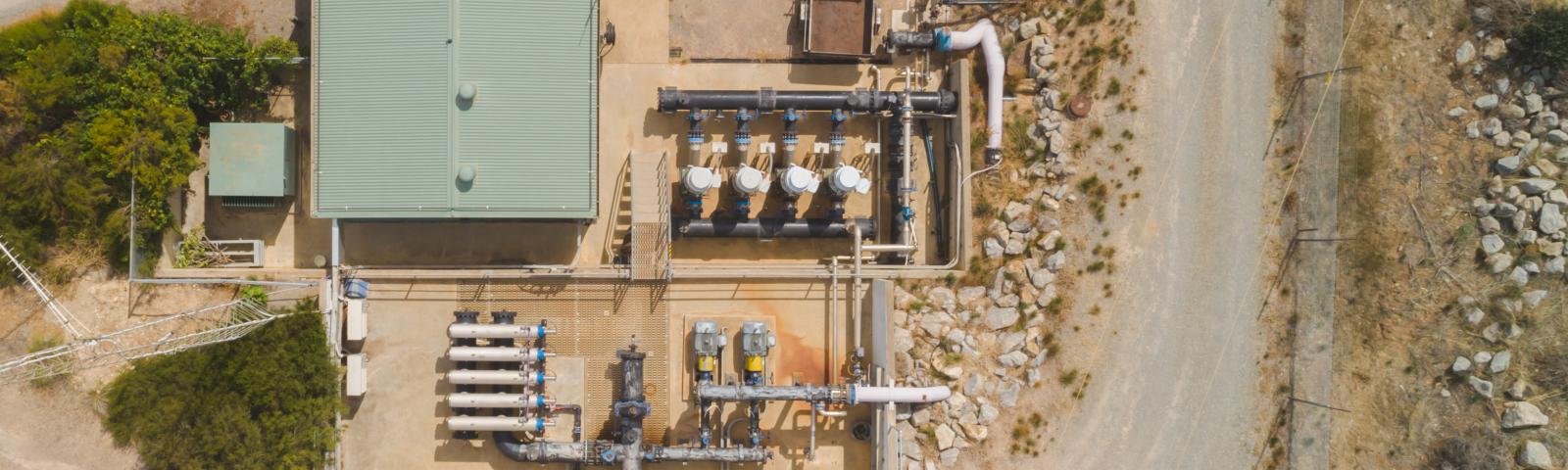Aerial view of building and infrastructure at McLaren Vale Treated Water Storage in South Australia