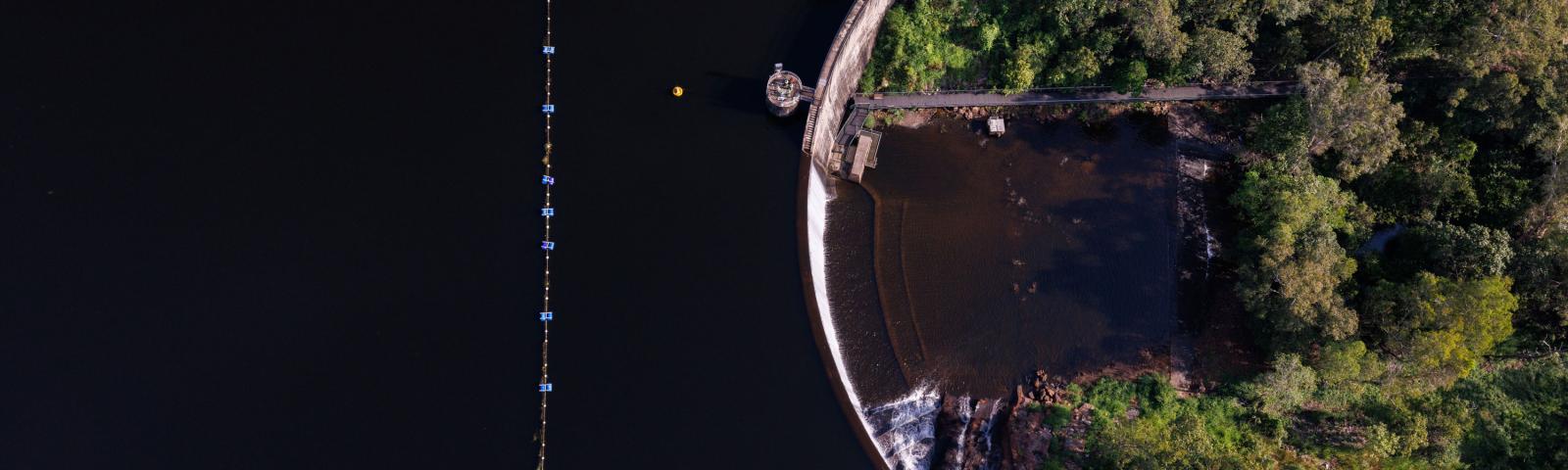 A dam wall is shown from an aerial view. Green trees can be seen on either side of the dam wall.