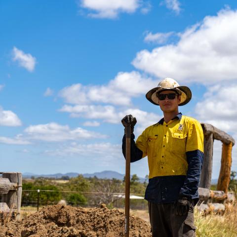 Worker with a shovel on the Mareeba-Dimbulah Water Supply Scheme Efficiency Improvement project in north Queensland Image courtesy of SunWater