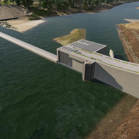 Computer generated aerial downstream view of proposed Rookwood Weir in Queensland