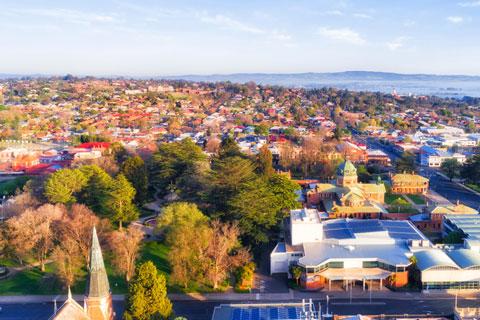 Bathurst town downtown in wide scenic valley of Australian NSW Western plains.