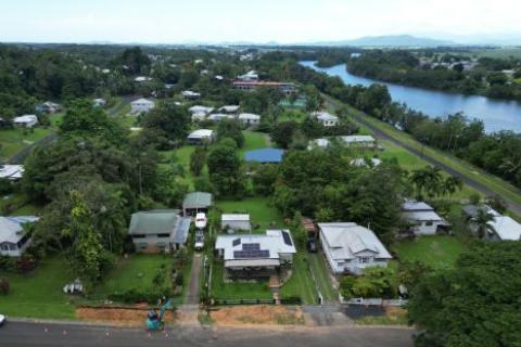 Aerial view of the Innisfail community with pipeline construction works in the foreground.