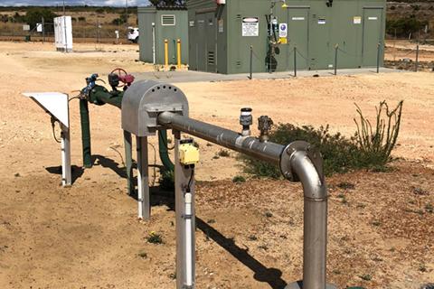 A bore in the foreground, which forms part of the Guilderton scheme in Western Australia, chlorine dosing building in background