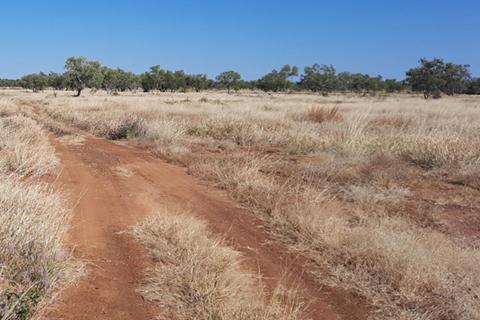 An example of a mini plant compound. A concrete pad surrounded by fencing with a water storage tank, solar panels and shipping container that houses water treatment equipment. There is red dirt surrounding the compound and native trees behind the compound. 