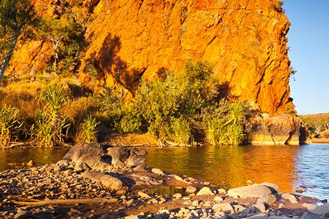 Gorge in the Kimberley region with very large golden rocky outcrop and trees near water..