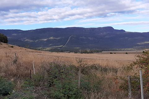 Open scrubland in valley with old fenceposts on a cloudy day.
