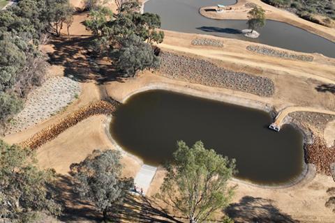 Aerial view Hart Lagoon Wetland, sediment basin in foreground, lagoon and storage pond in background.